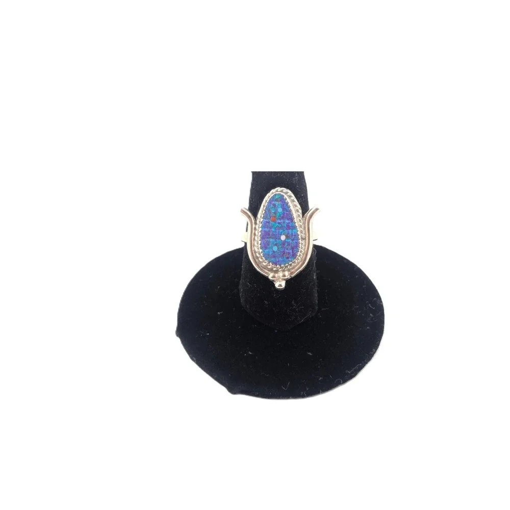 Zuni Corn Ring Purple Blue Opal Sterling Silver Native Am Jewelry Sz 7US**‎